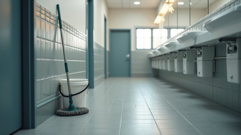 Corredor de banheiro comercial limpo, com balde e rodo encostados na parede, sem pessoas