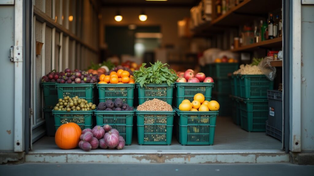 Caixas de hortifrúti organizadas na entrada de um pequeno mercado de alimentos
