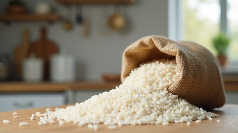 Saco de juta com arroz branco derramando sobre bancada de madeira em cozinha iluminada por luz natural