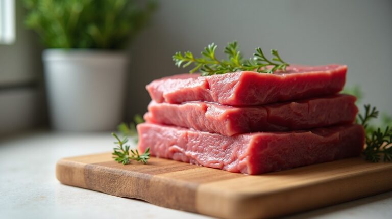 Cortes de carne bovina crua empilhados sobre tábua de madeira, com ramos de alecrim ao lado