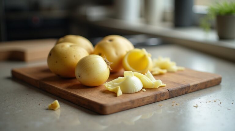 Batatas e cebolas cruas parcialmente descascadas sobre tábua de madeira em cozinha profissional