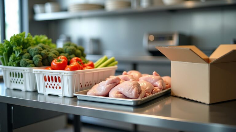 Bancada de inox de cozinha profissional com cestos brancos de legumes, bandeja de cortes de frango e caixa de papelão aberta