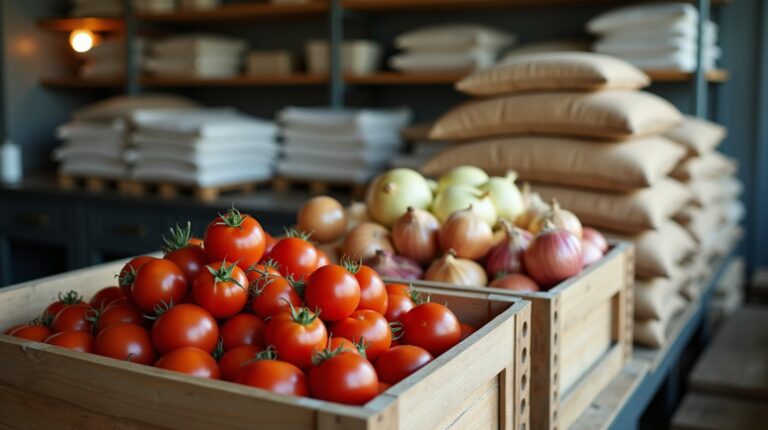 Caixas de madeira com tomates, cebolas e sacas empilhadas num depósito organizado de restaurante