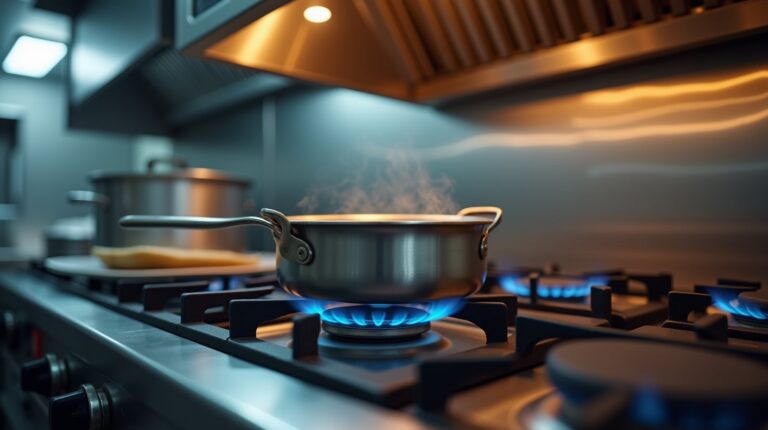 Panela em fogo aceso num fogão industrial de cozinha profissional, com coifa de exaustão ao fundo