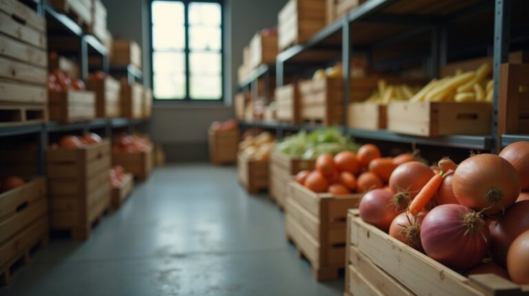 Caixotes de madeira com cebolas, cenouras e tomates organizados numa despensa de restaurante com luz natural