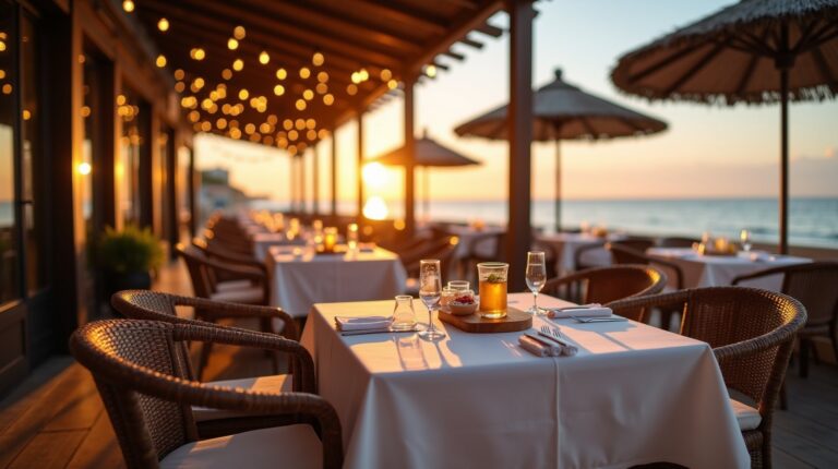 Terraço de restaurante à beira-mar preparado para o jantar, com mesas postas ao entardecer