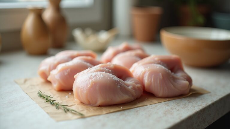Cortes de frango cru temperados com sal grosso e um raminho de alecrim sobre papel manteiga em bancada de cozinha