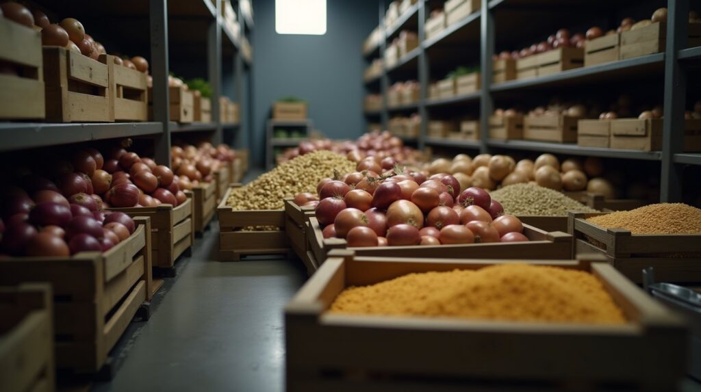 Câmara de estoque de restaurante com caixas de madeira cheias de cebola, batata e grãos em prateleiras