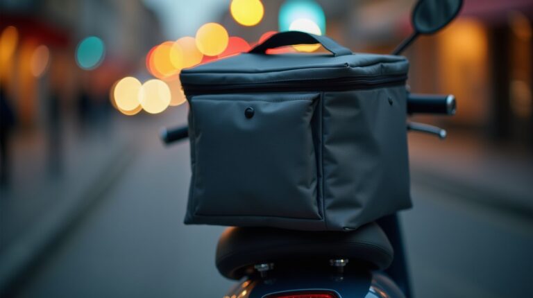 Bolsa térmica de entrega fechada sobre o banco de uma scooter, à noite, com luzes da rua desfocadas ao fundo