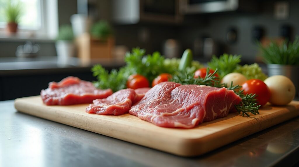 Corte de carne crua e legumes frescos sobre tábua de madeira em bancada de cozinha profissional