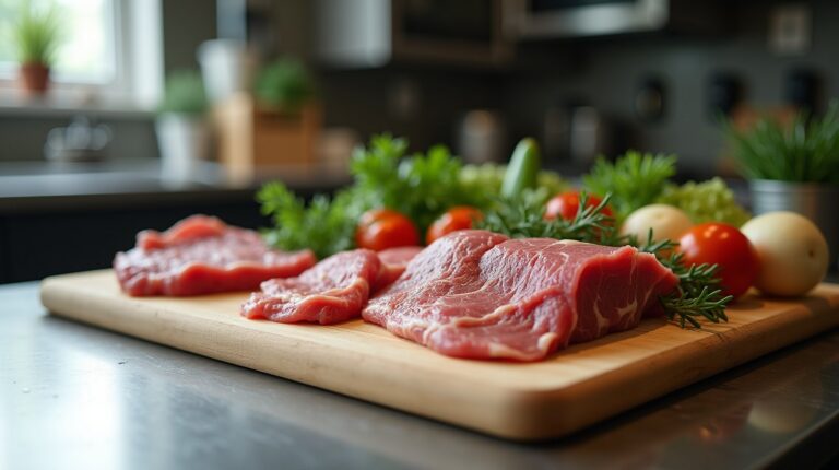 Corte de carne crua e legumes frescos sobre tábua de madeira em bancada de cozinha profissional