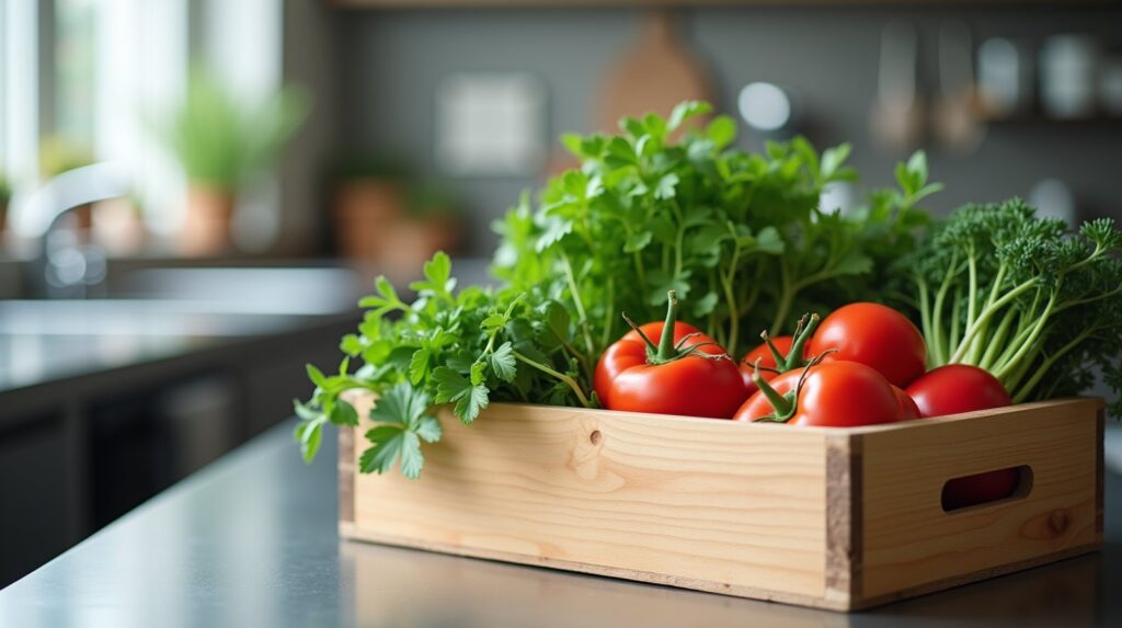 Caixa de madeira com tomates e ervas frescas sobre bancada de cozinha profissional, com luz natural de janela