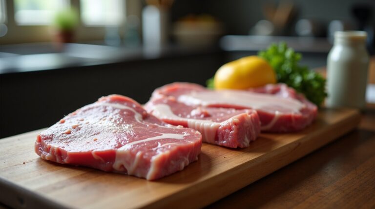 Cortes crus de carne suína sobre tábua de madeira em cozinha com luz natural