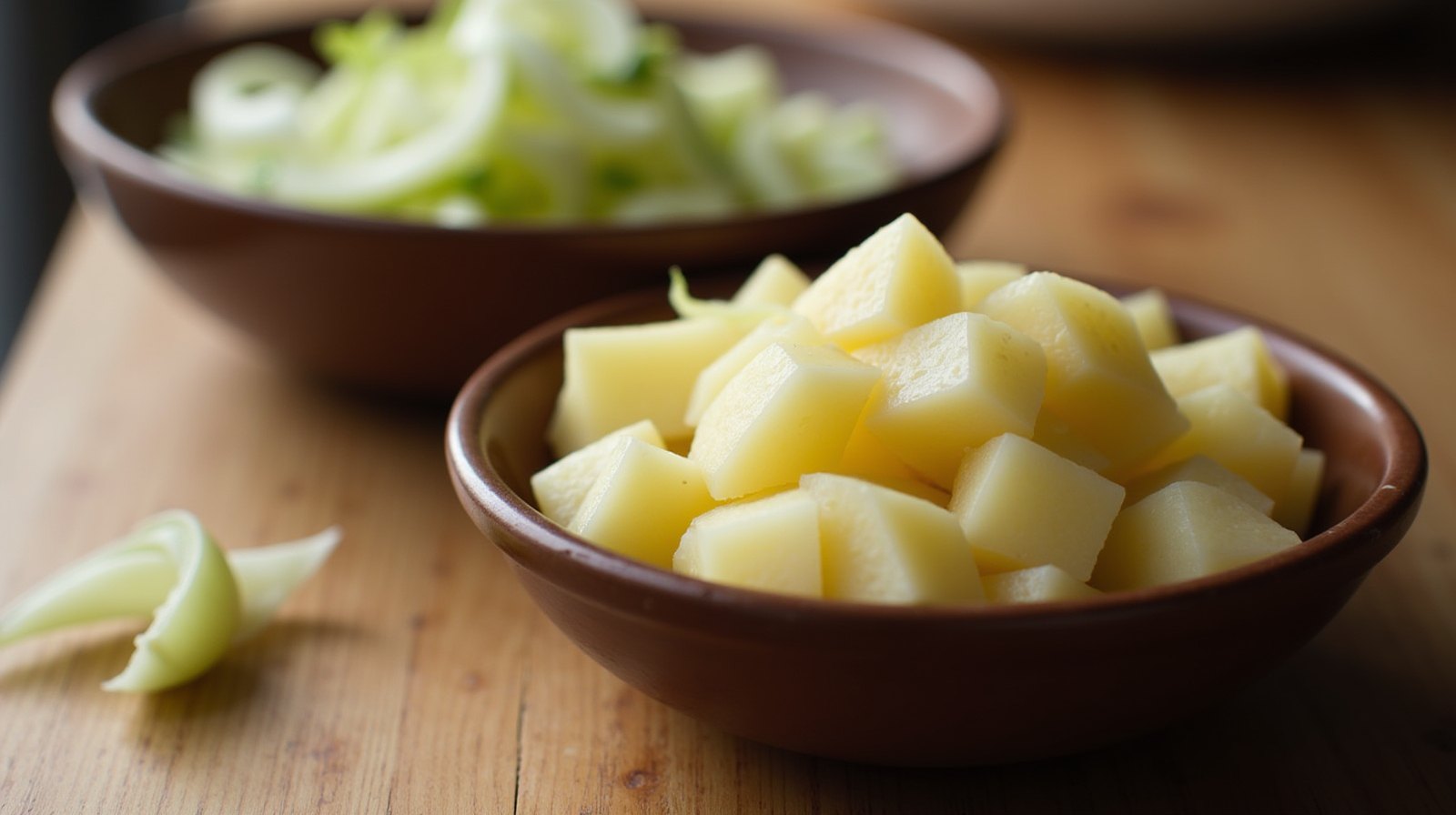 Duas tigelas de barro na bancada, uma com batata crua picada em cubos e outra com cebola fatiada, ilustrando insumo pronto para uso