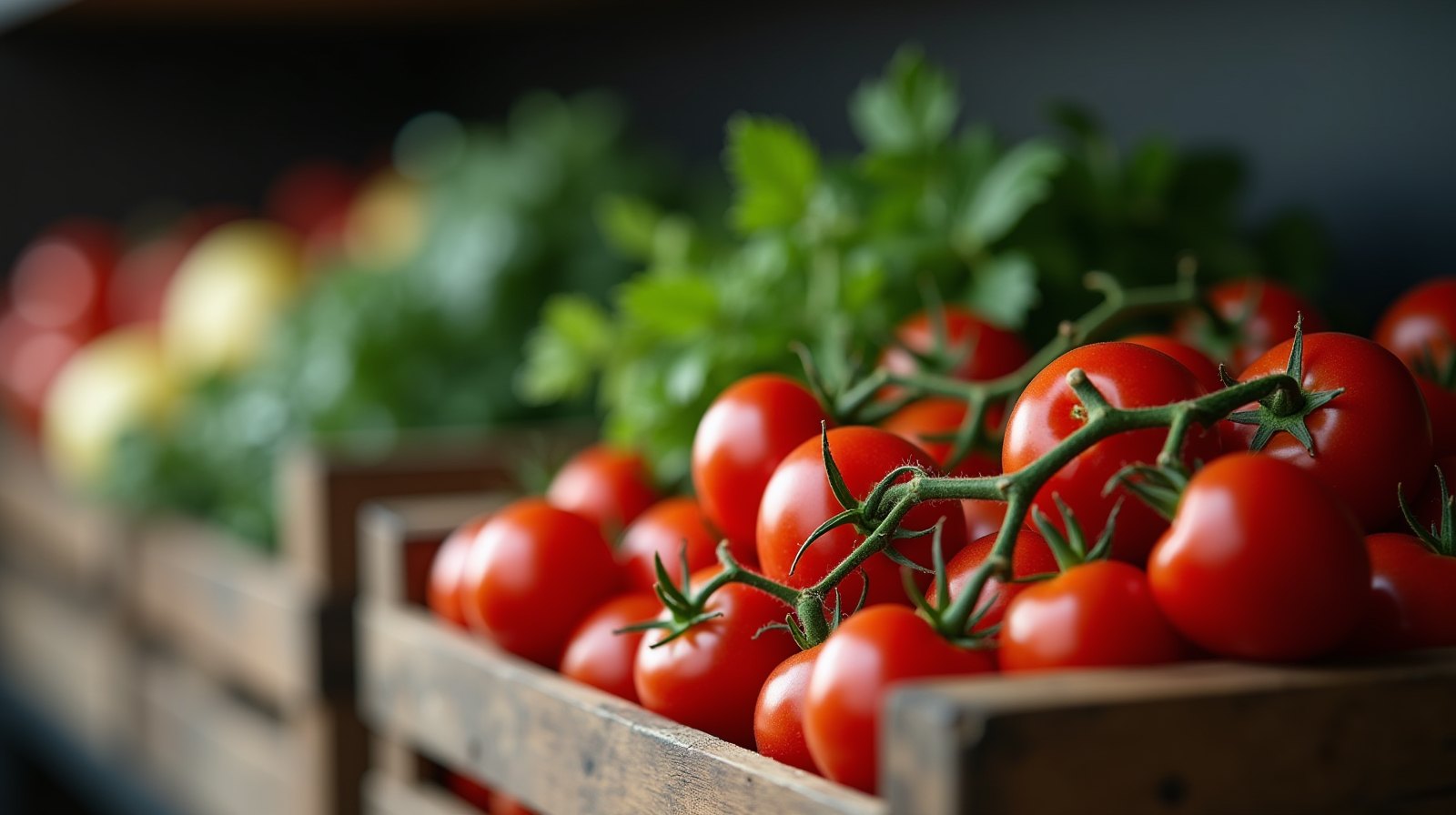 Caixa de madeira com tomates frescos e ervas verdes em close, ilustrando insumo guardado no estoque