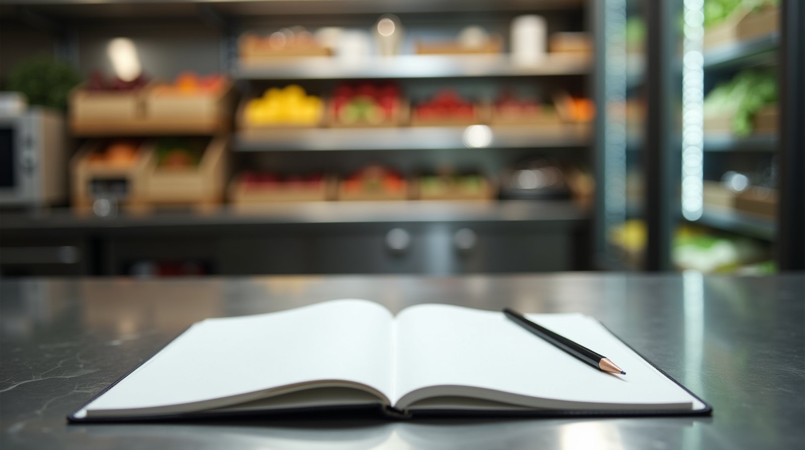 Caderno em branco e lápis sobre bancada de aço, com prateleiras de insumos desfocadas ao fundo