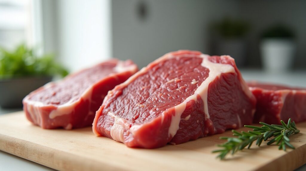 Cortes de carne bovina crua com gordura marmorizada sobre tábua de madeira clara, em bancada de cozinha com luz de janela