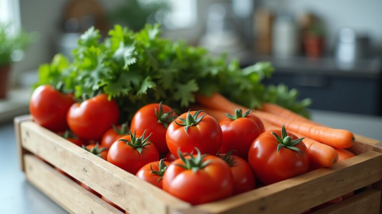 Caixa de madeira sem marca com tomates, cenouras e folhas verdes sobre bancada clara de cozinha profissional