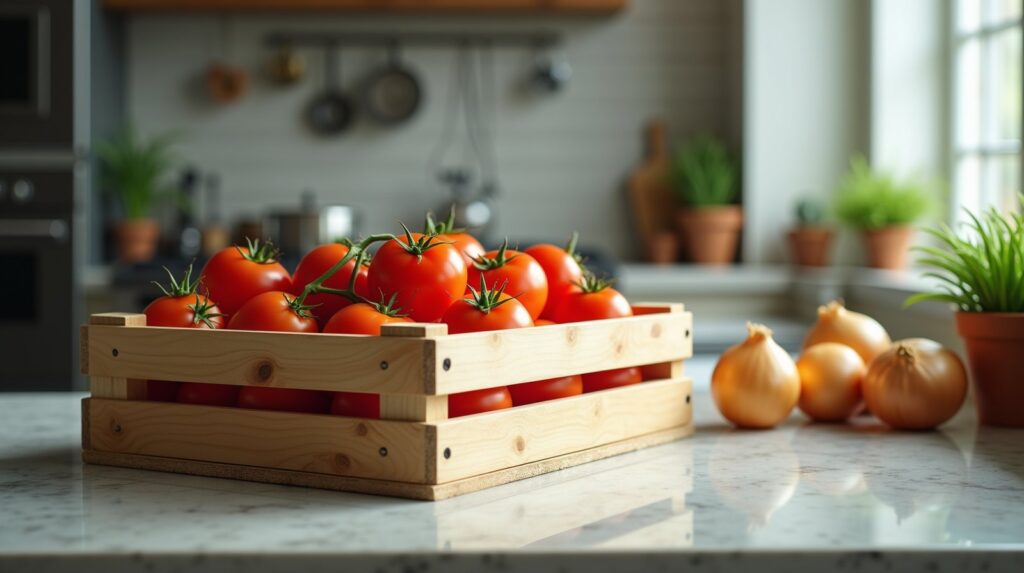 Caixa de madeira com tomates maduros e cebolas amarelas sobre a bancada de pedra de uma cozinha profissional, com luz natural de janela