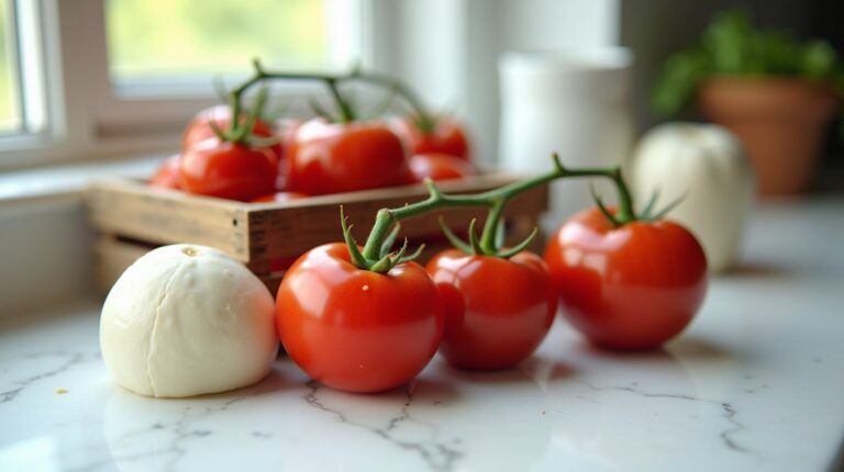 Caixa de madeira com tomates maduros e uma bola de muçarela sobre bancada de mármore claro, perto de uma janela