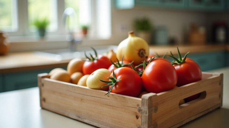 Caixa de madeira com tomates maduros e cebolas sobre a bancada de uma cozinha, com luz de janela